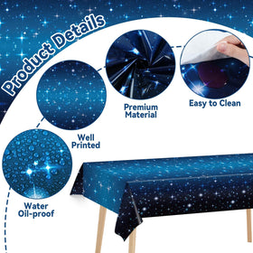 Party Greeting disposable outer-space table cloth offers quick cleanup after galaxy-themed celebrations.