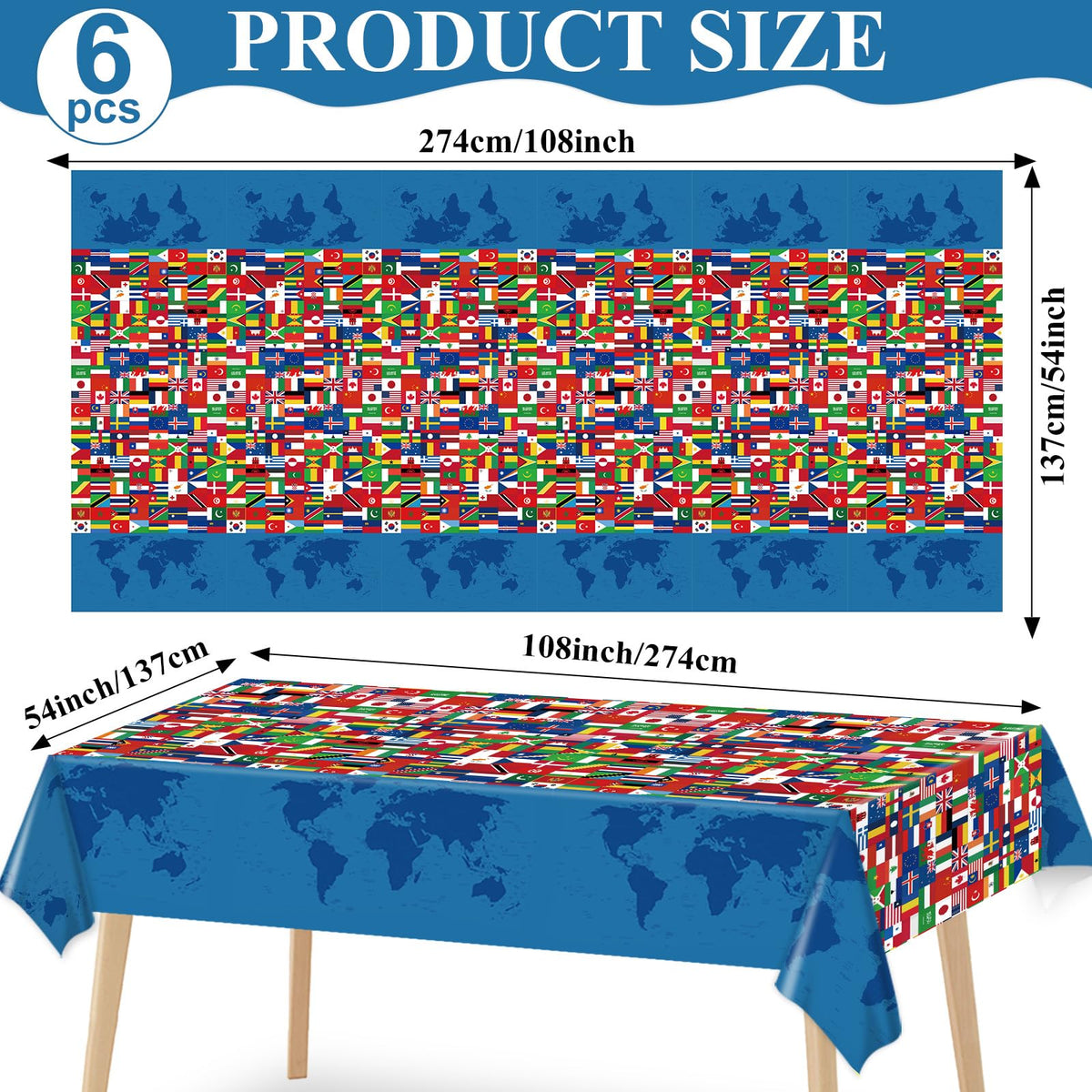 Party Greeting flag-themed disposable tablecover for quick cleanup after celebrations.