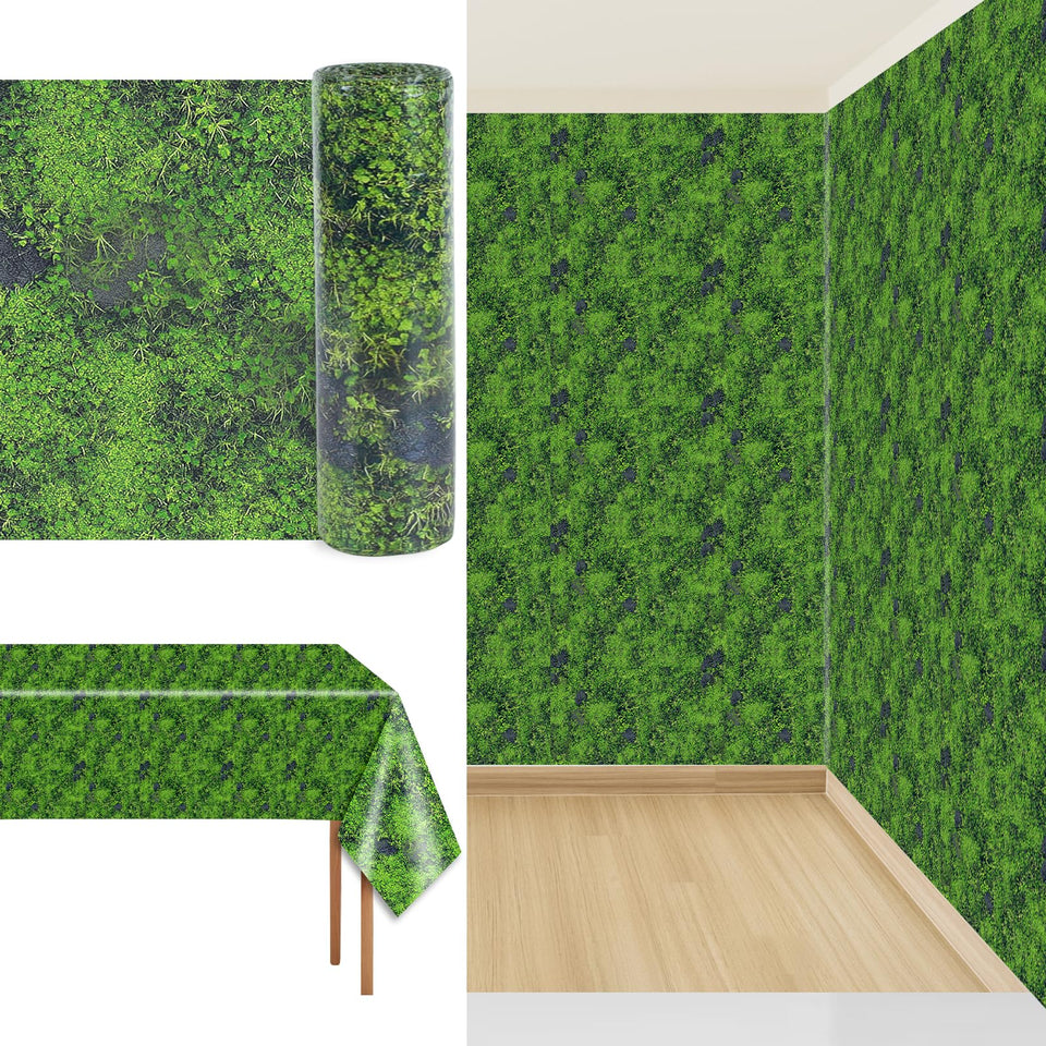 Party Greeting green moss tablecloth roll 100ft shows lush forest texture for large-event coverage.