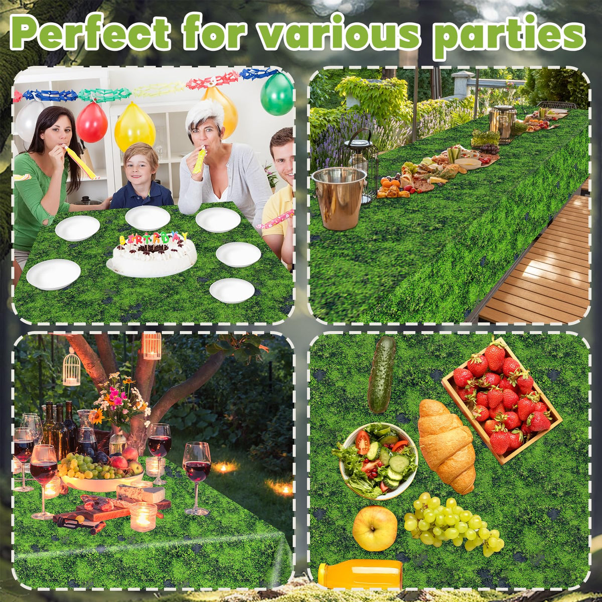 Party Greeting green moss tablecloth roll unfolded reveals wide, seamless forest-inspired surface.