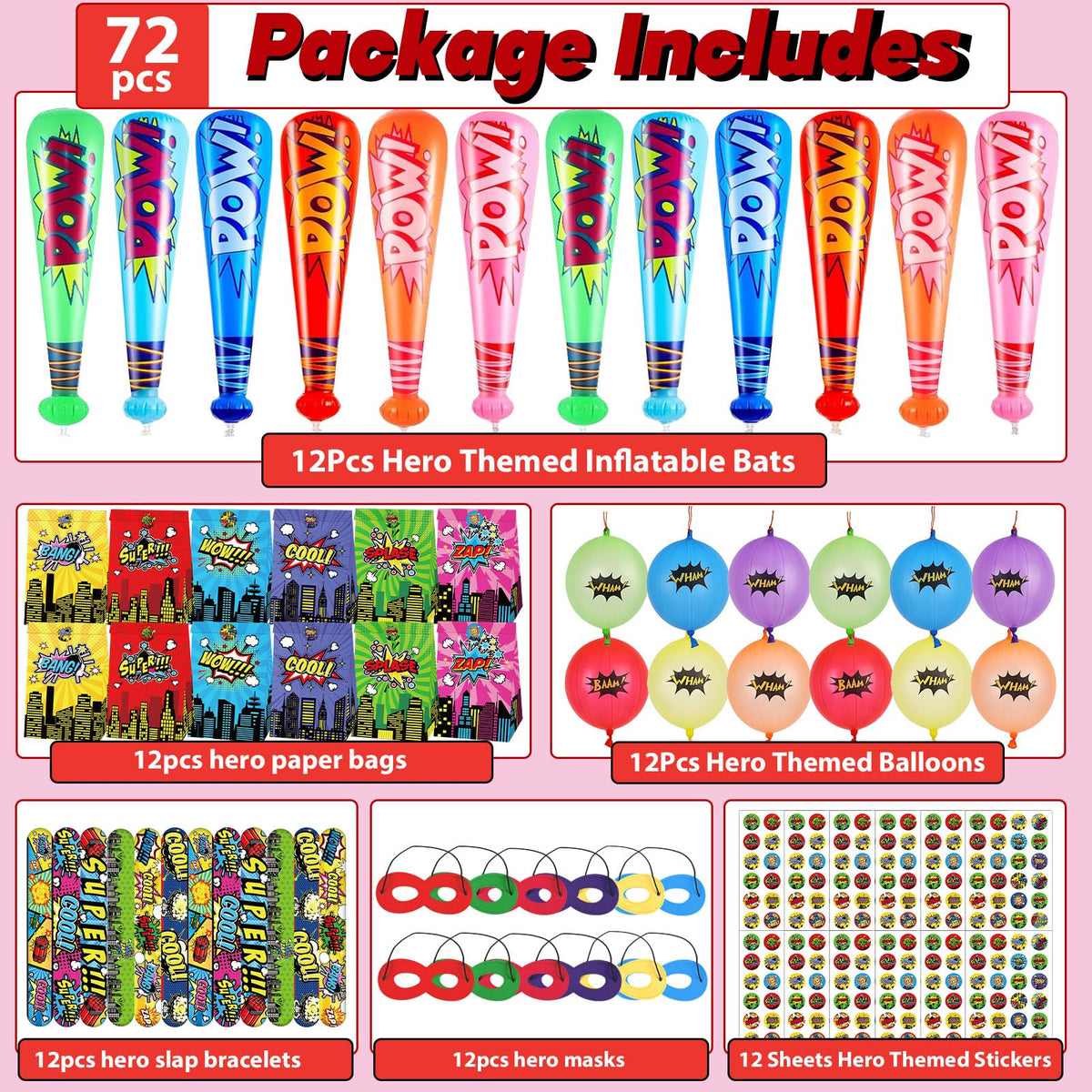 Party Greeting hero eye mask and stickers for playful themed activities.