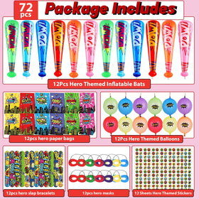 Party Greeting hero eye mask and stickers for playful themed activities.