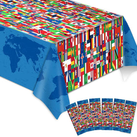 Party Greeting international flag tablecloth showcases vibrant colors for festive table décor.