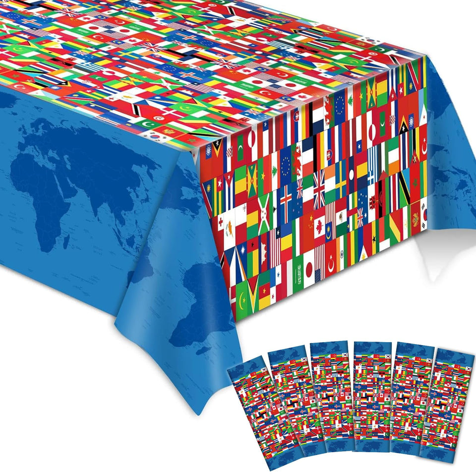 Party Greeting international flag tablecloth showcases vibrant colors for festive table décor.