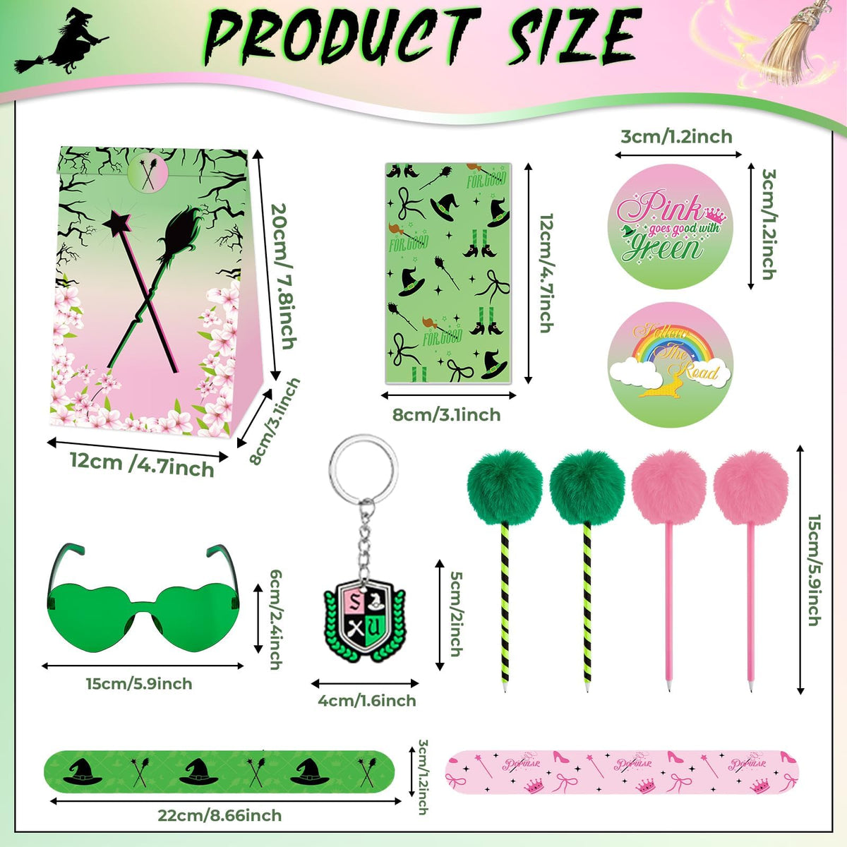 Party Greeting pink-green witch gift bags ready for party favors