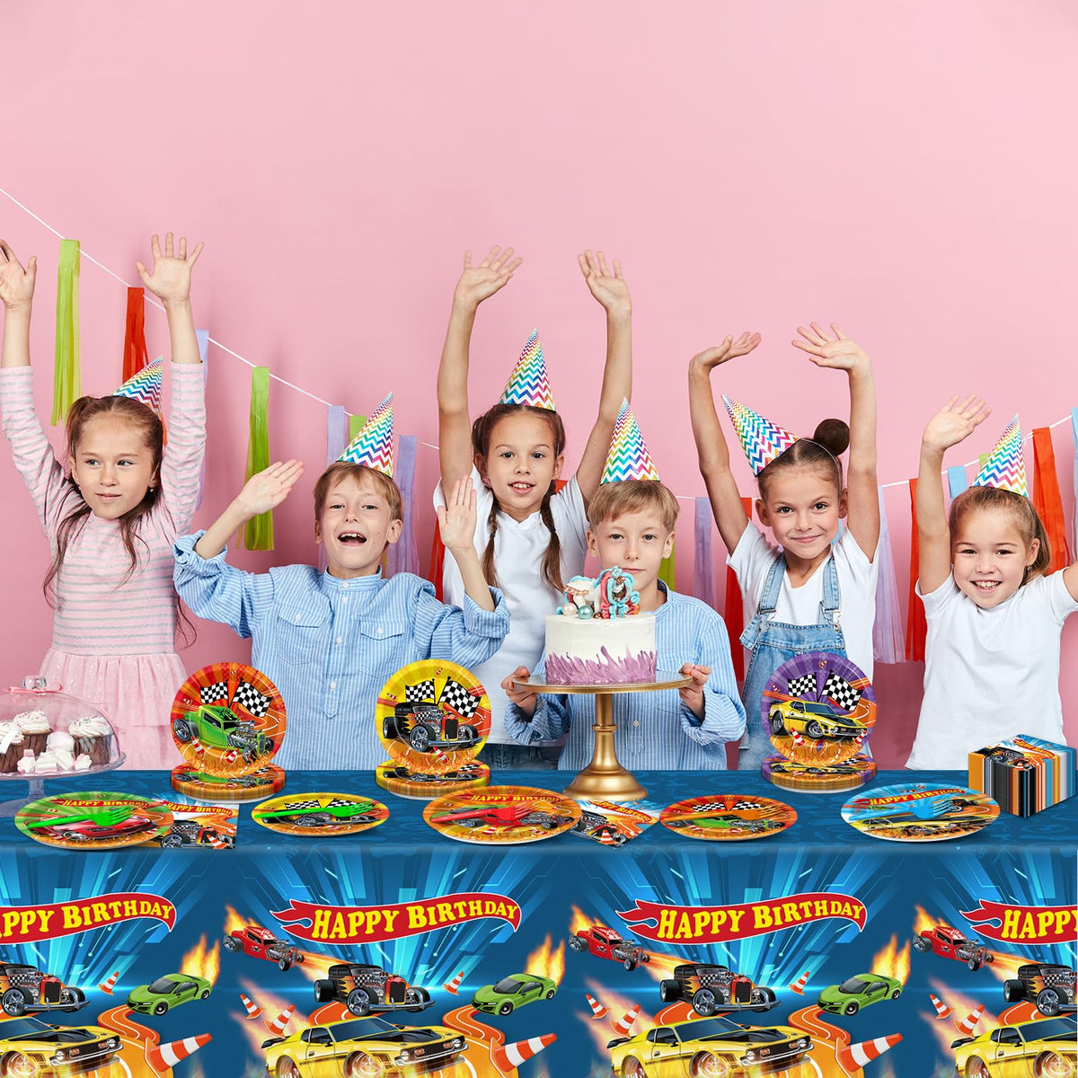 Party Greeting race car design on plates enhances racing theme.