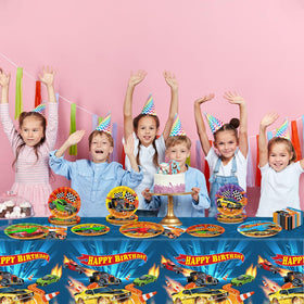 Party Greeting race car design on plates enhances racing theme.