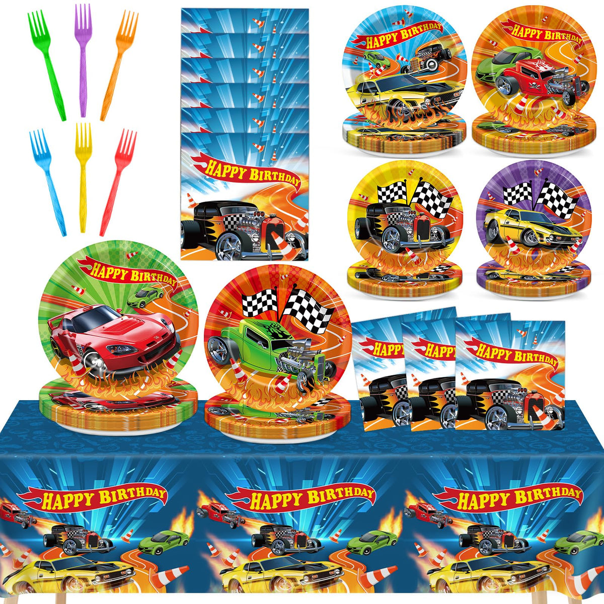 Party Greeting race car plates 9in ready for kid's party fun.