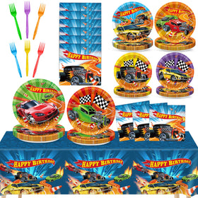 Party Greeting race car plates 9in ready for kid's party fun.