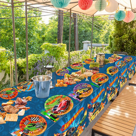 Party Greeting race car tablecloths 54x108 protect surfaces during the party.