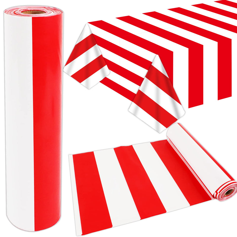 Party Greeting red and white striped tablecloth roll covering large party tables with bold carnival style