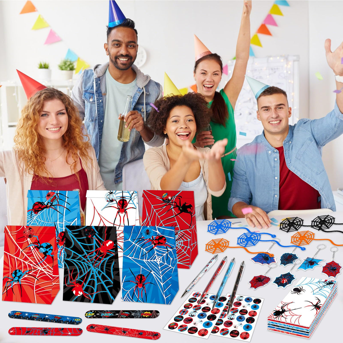 Party Greeting slap bracelets with spider motif for interactive party fun