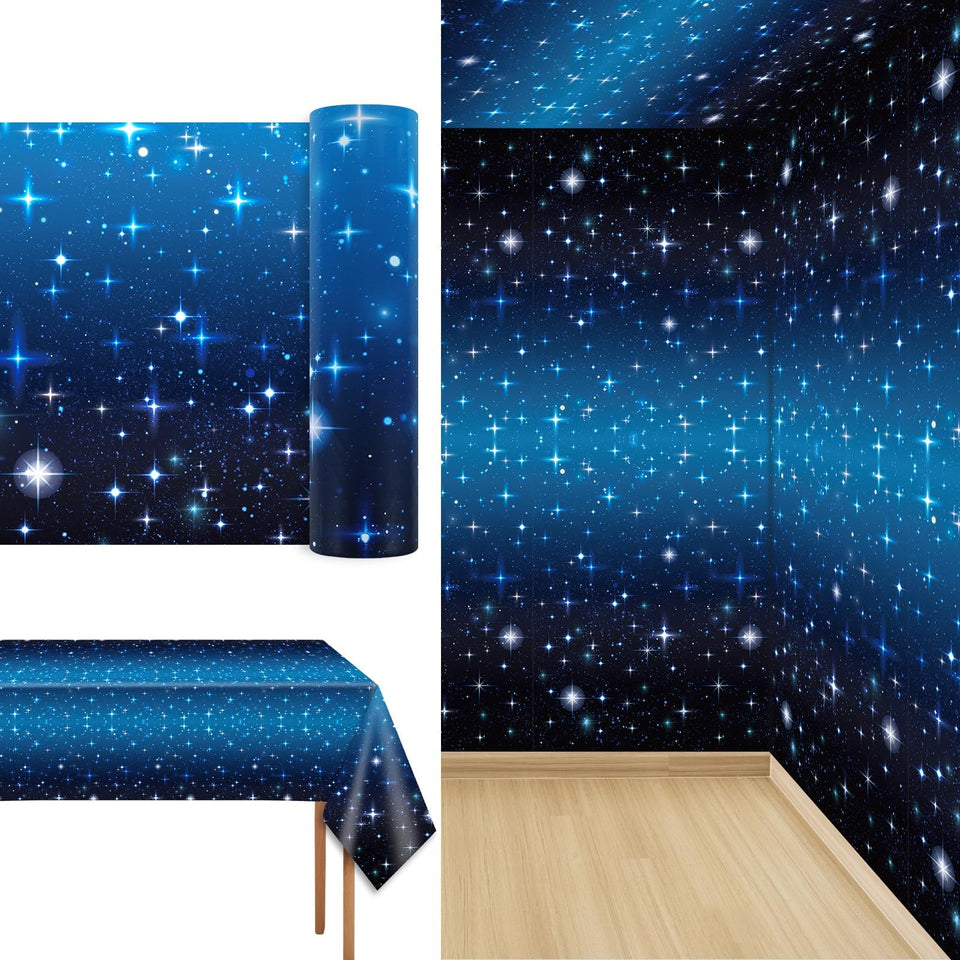 Party Greeting space galaxy tablecloth roll highlights a vibrant constellation scene for festive tables.