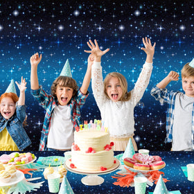 Party Greeting starry night table cover provides stain resistance while keeping event setup simple.