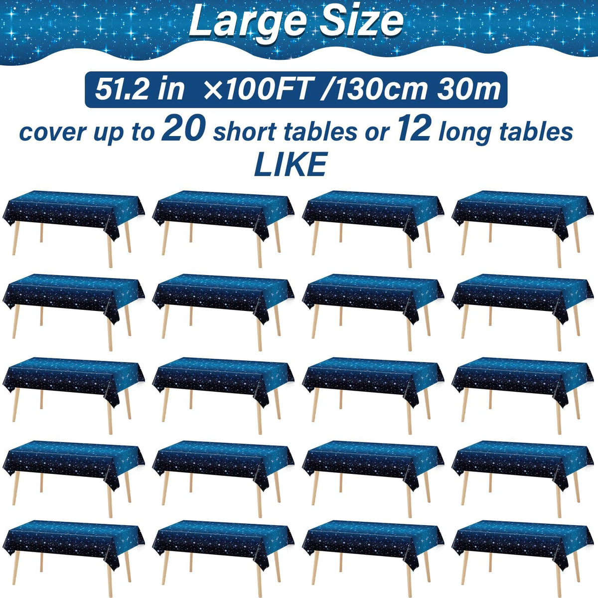 Party Greeting starry night tablecloth detail showcases twinkling stars to elevate birthday party tables.