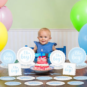 Party Greeting table setting with blue theme for baby shower celebrations
