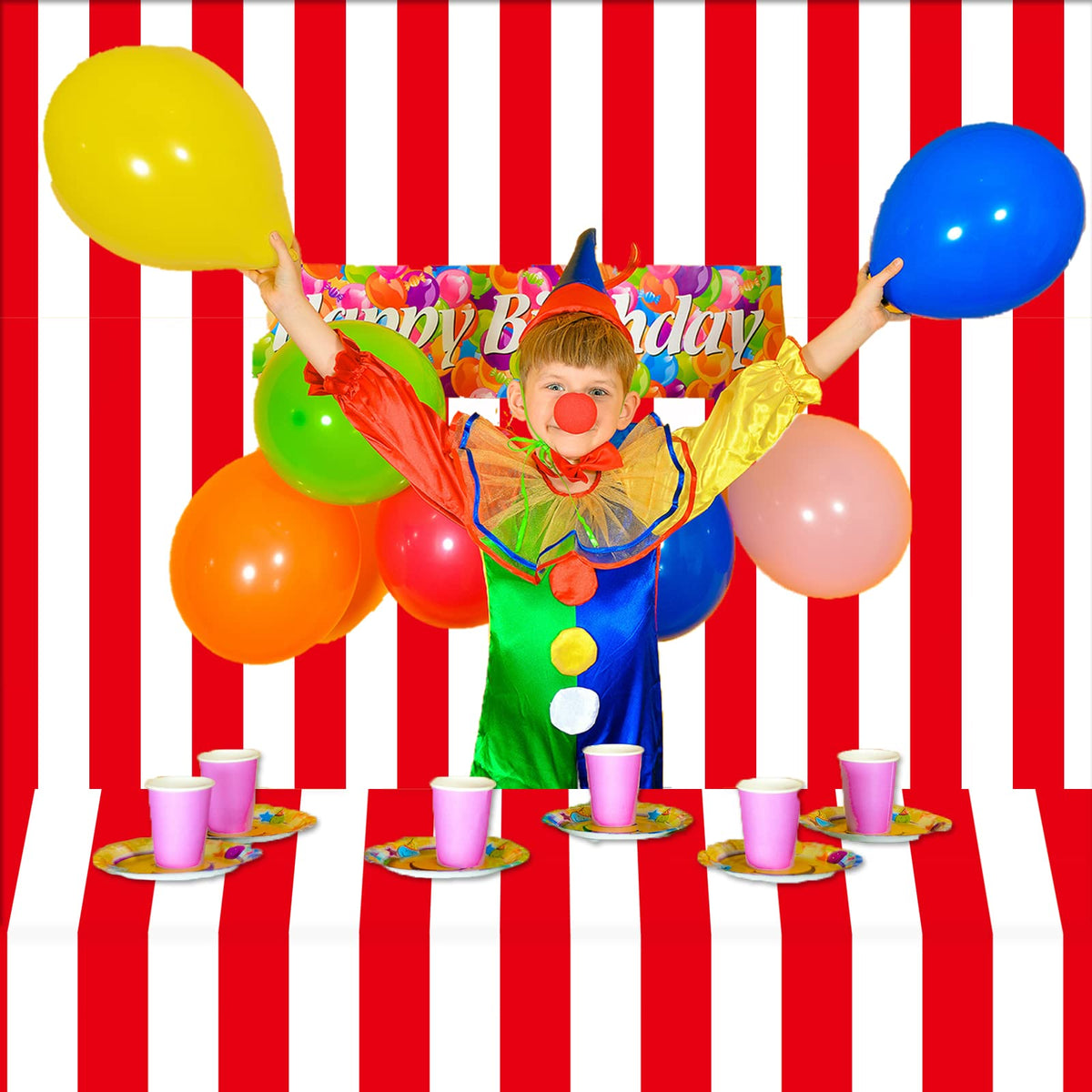Wall and doorway decor with Party Greeting carnival theme backdrop