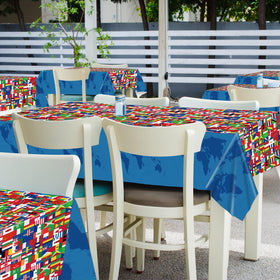 Party Greeting wide 274cm by 137cm tablecloth fits most standard tables.