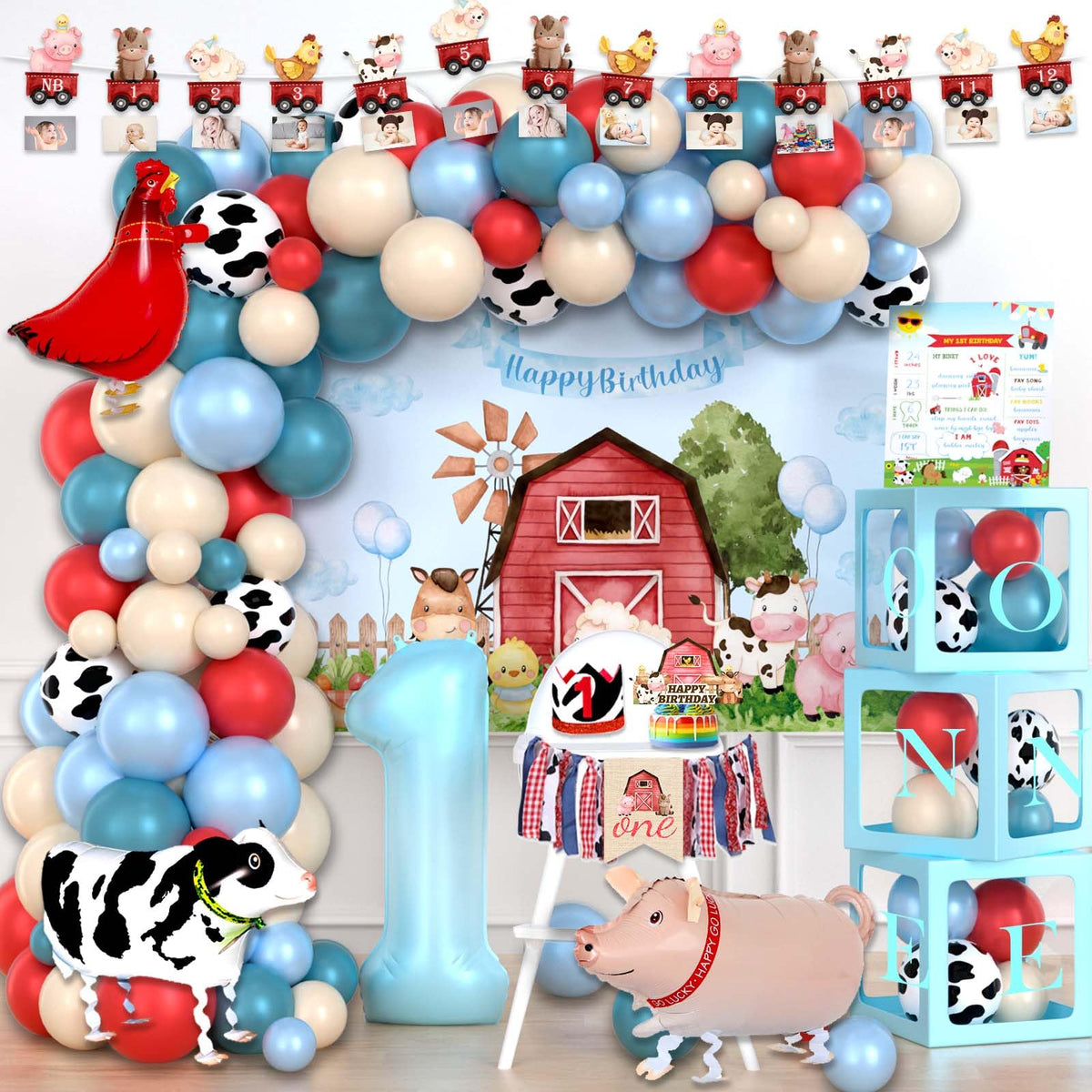 Party Inspo Farm banners show barn scene for festive first birthday decor.