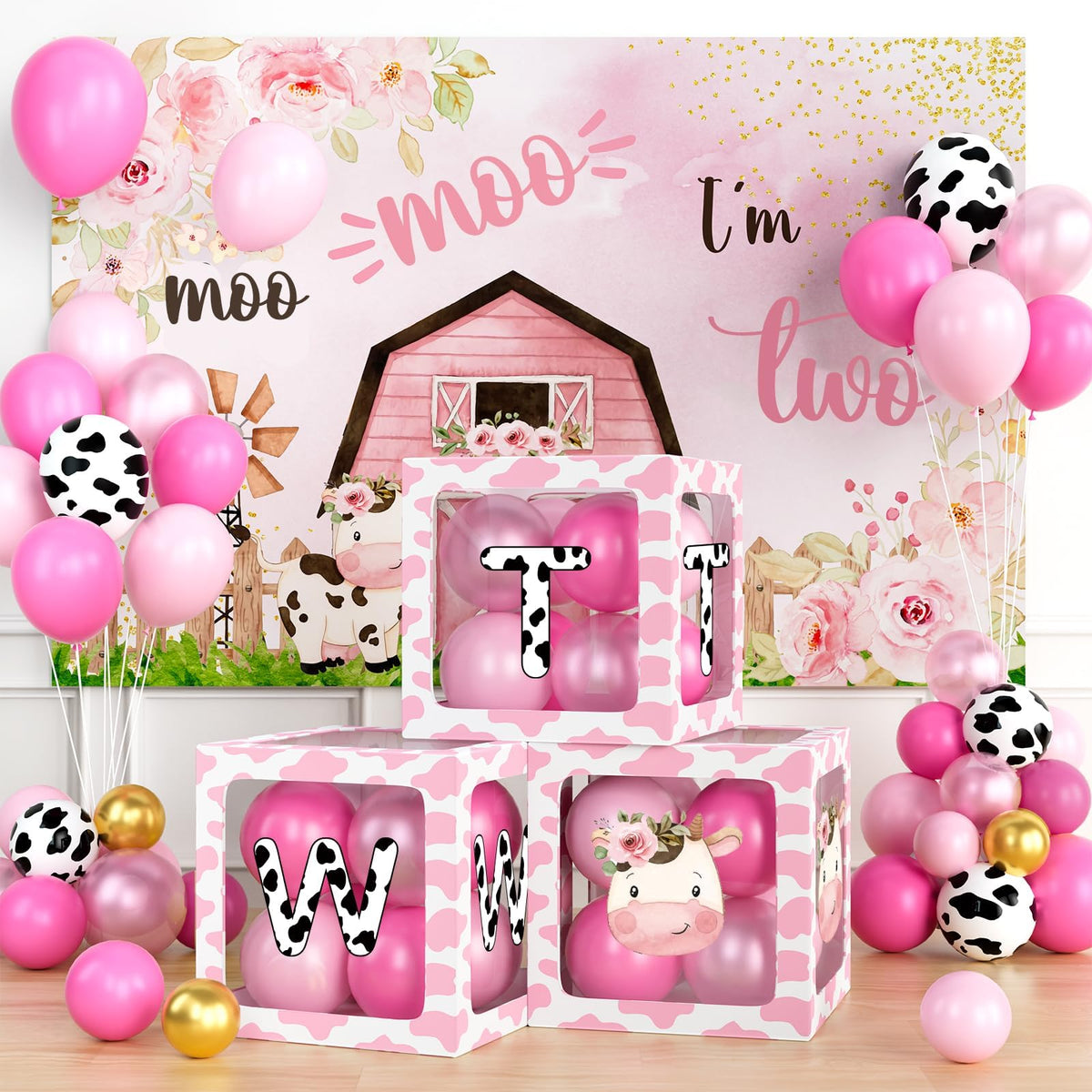 Party Inspo Moo Moo Im Two banner ties the theme together