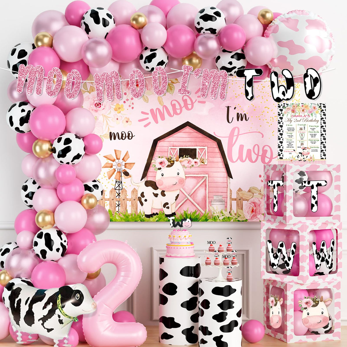 Party Inspo Moo Moo Im Two birthday backdrop enhances pink cow party photos