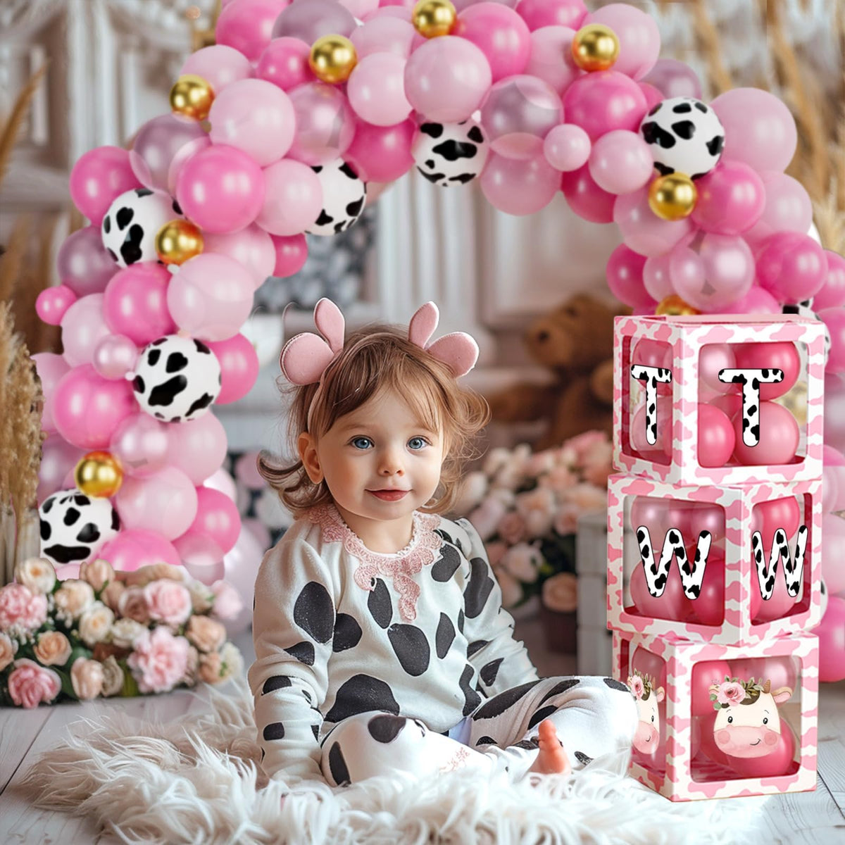 Party Inspo Moo Moo Im Two cake topper creates a charming focal point
