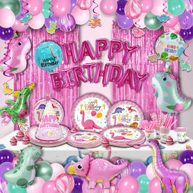 Party Spot! 50pc pink dinosaur balloons brighten party backdrop for photos.