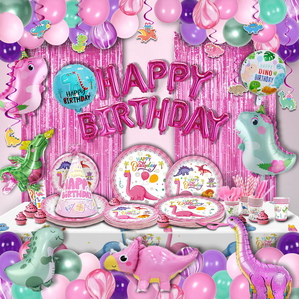 Party Spot! 50pc pink dinosaur balloons brighten party backdrop for photos.