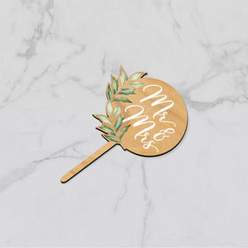 Party to Be green leaves print on wood toppers enhances rustic wedding styling.