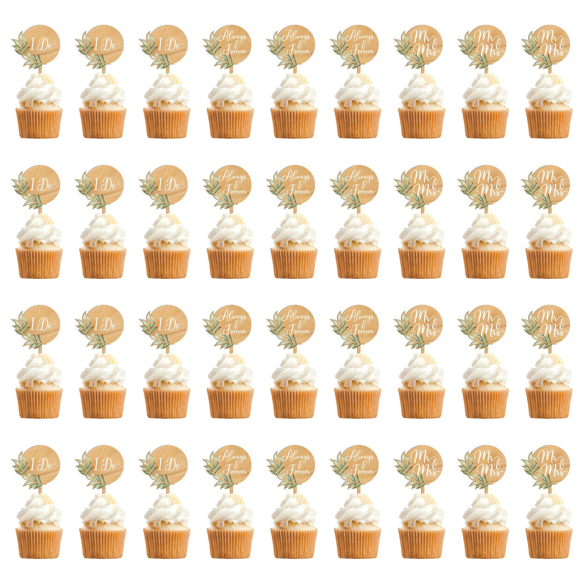 Party to Be wooden cupcake toppers with Mr & Mrs for rustic charm.
