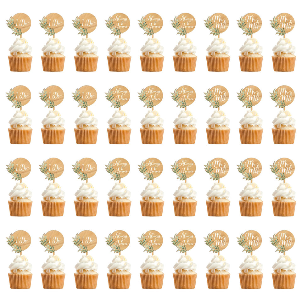 Party to Be wooden cupcake toppers with Mr & Mrs for rustic charm.
