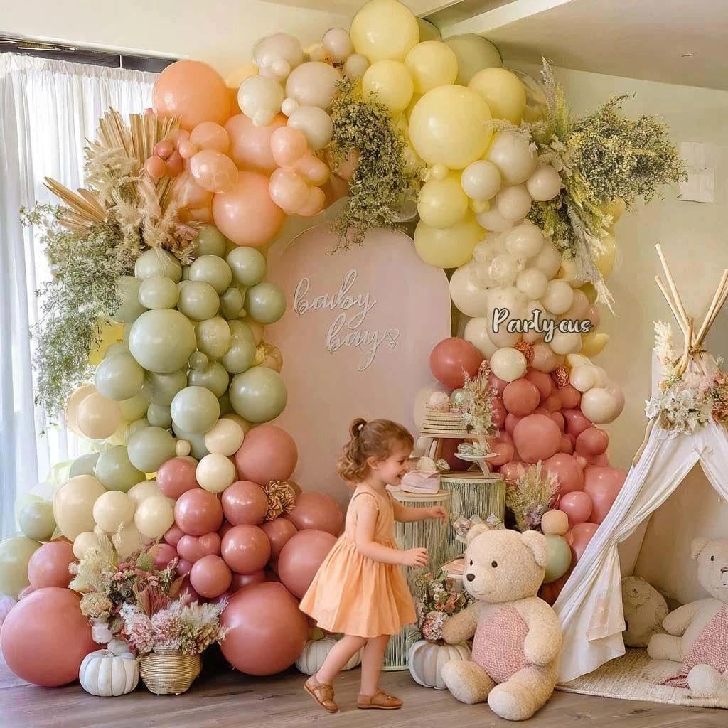 Partycus assembly progress showing a cohesive pastel arch