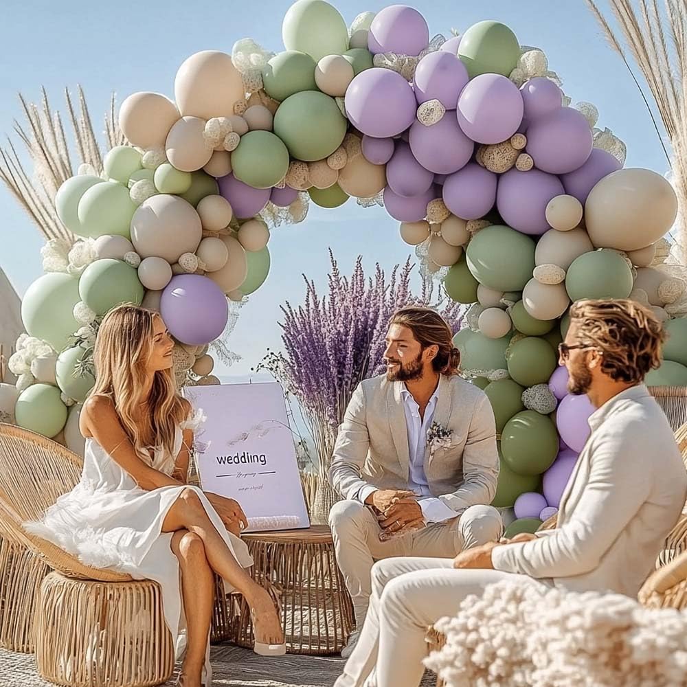 Partycus double stuffed 12-inch balloons in dusty green and lavender elevate decor and photos.