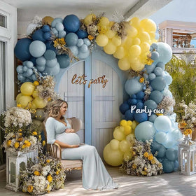 Partycus double-stuffed balloons in dusty blue and yellow add full, premium color to celebrations.