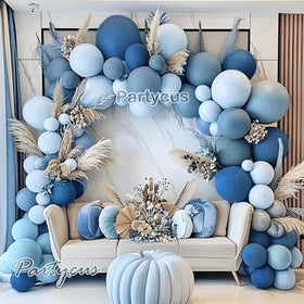 Partycus double-stuffed blue balloons collection, ideal for a bold baby shower centerpiece.