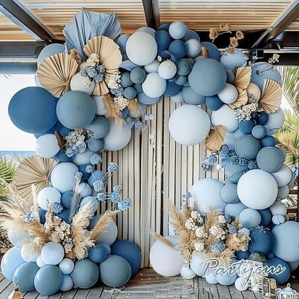 Partycus Dusty Blue Balloon Arch Kit close-up showing full double-stuffed balloons for a lush garland.