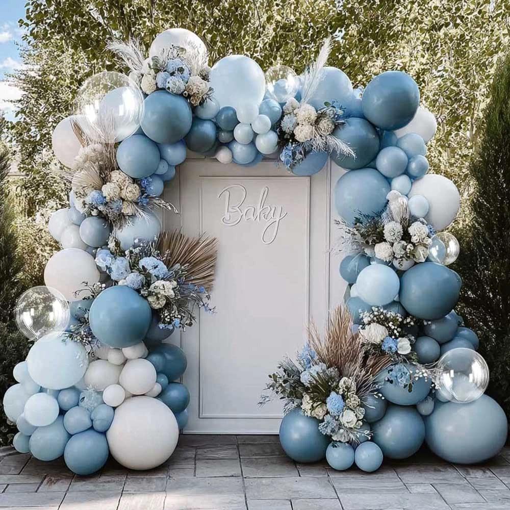 Partycus dusty blue balloon arch kit creates an elegant baby shower backdrop.