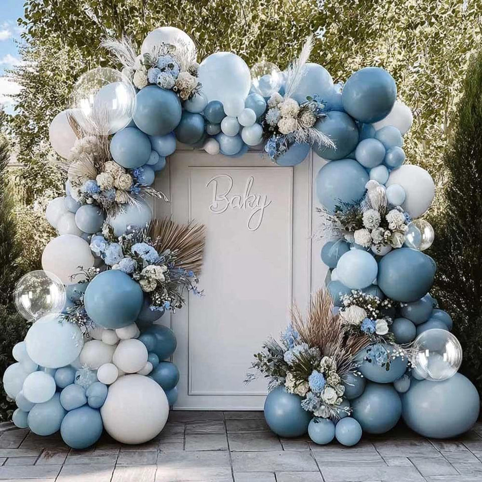 Partycus dusty blue balloon arch kit creates an elegant baby shower backdrop.
