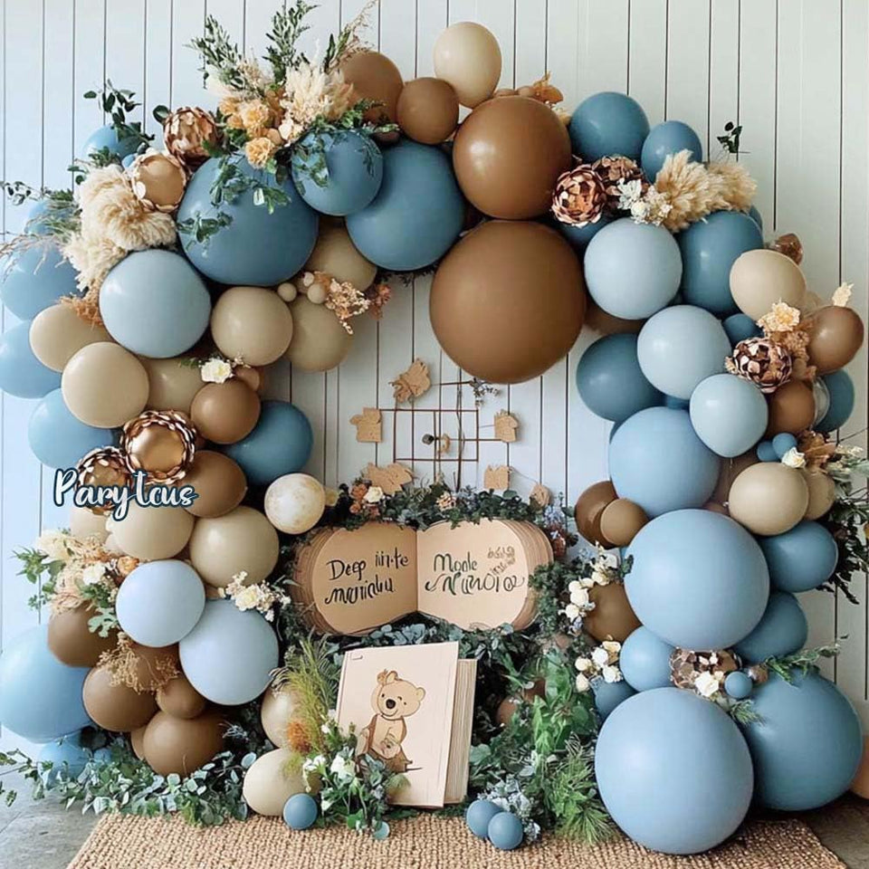 Partycus Dusty Blue Brown Arch Kit setup for neutral bear party decor