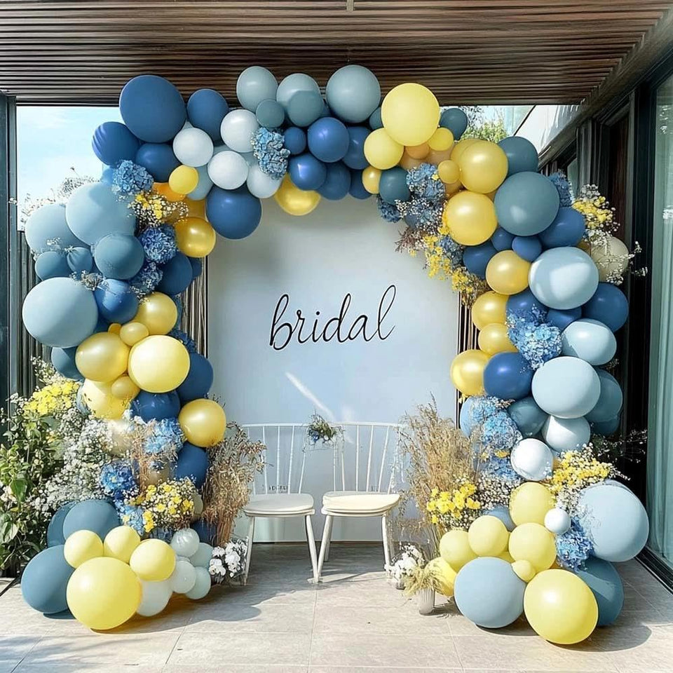 Partycus dusty blue yellow balloon arch kit ready-to-assemble for stunning party decor.