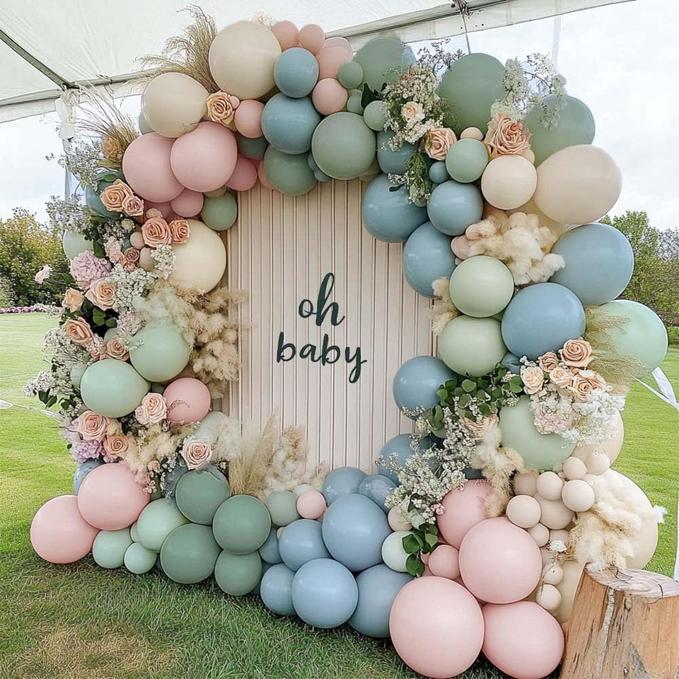 Partycus dusty green pink blue balloon arch kit setup for a stylish baby shower