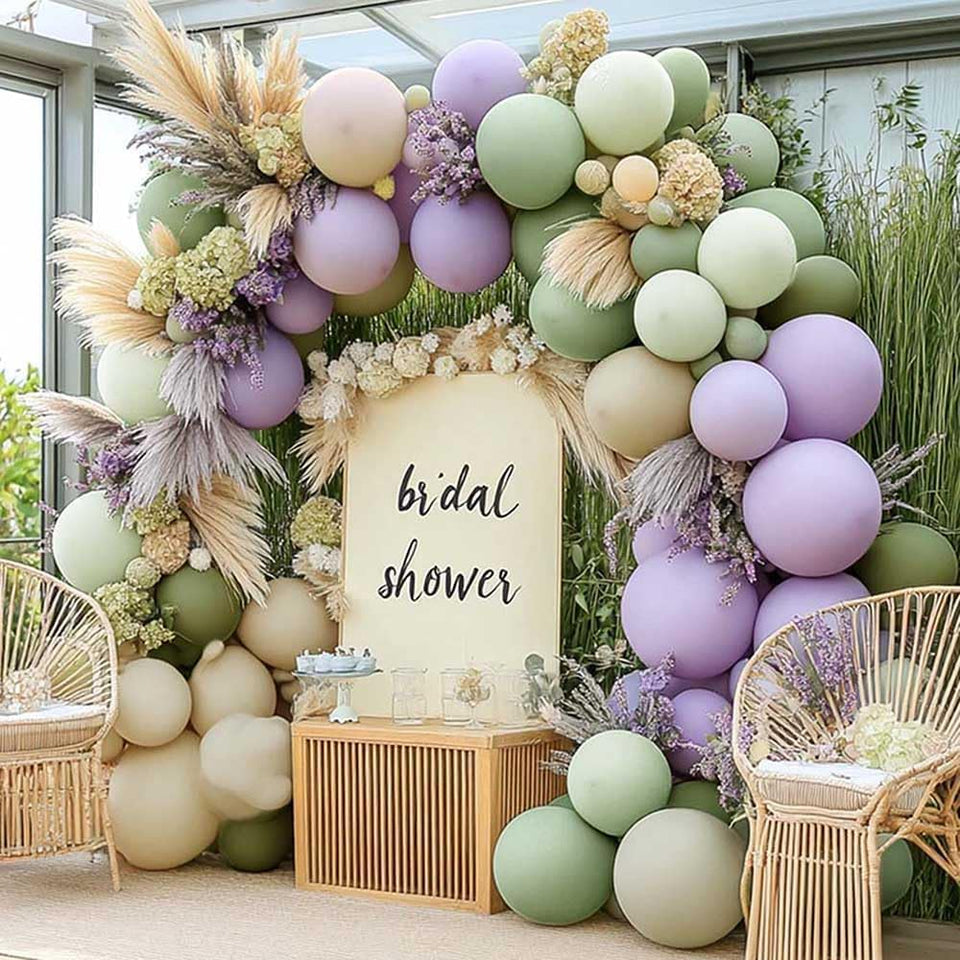 Partycus dusty green lavender balloon arch for neutral baby showers with boho charm.