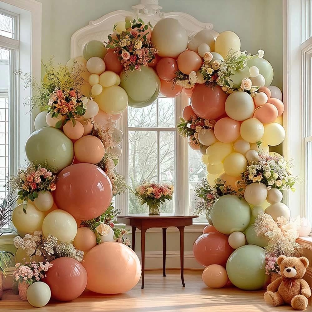 Partycus dusty pink yellow green balloon arch for pastel event backdrop