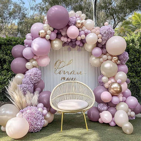 Partycus dusty purple pink balloon arch kit assembly highlights double stuffed lavender balloons for a refined centerpiece.