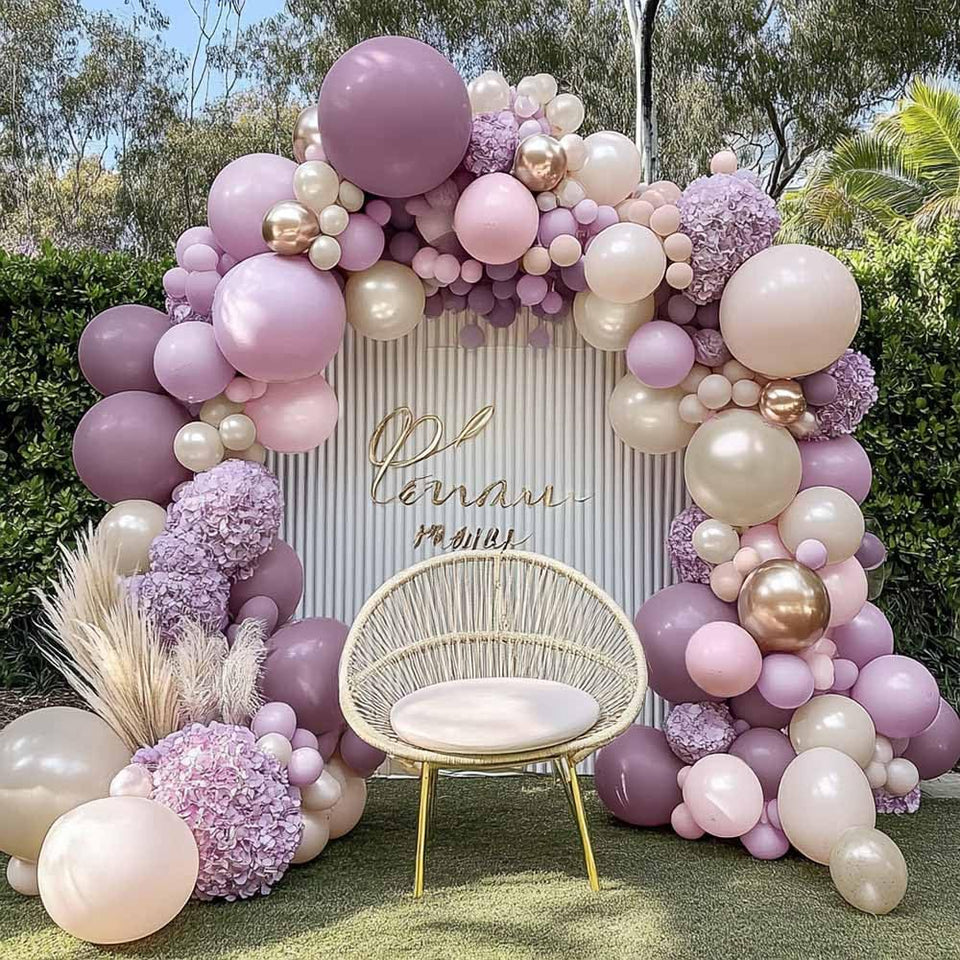 Partycus dusty purple pink balloon arch kit assembly highlights double stuffed lavender balloons for a refined centerpiece.