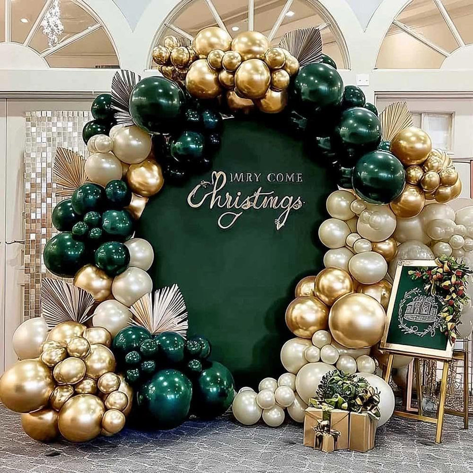 Partycus emerald-green-gold balloon arch kit creates a dramatic wedding backdrop