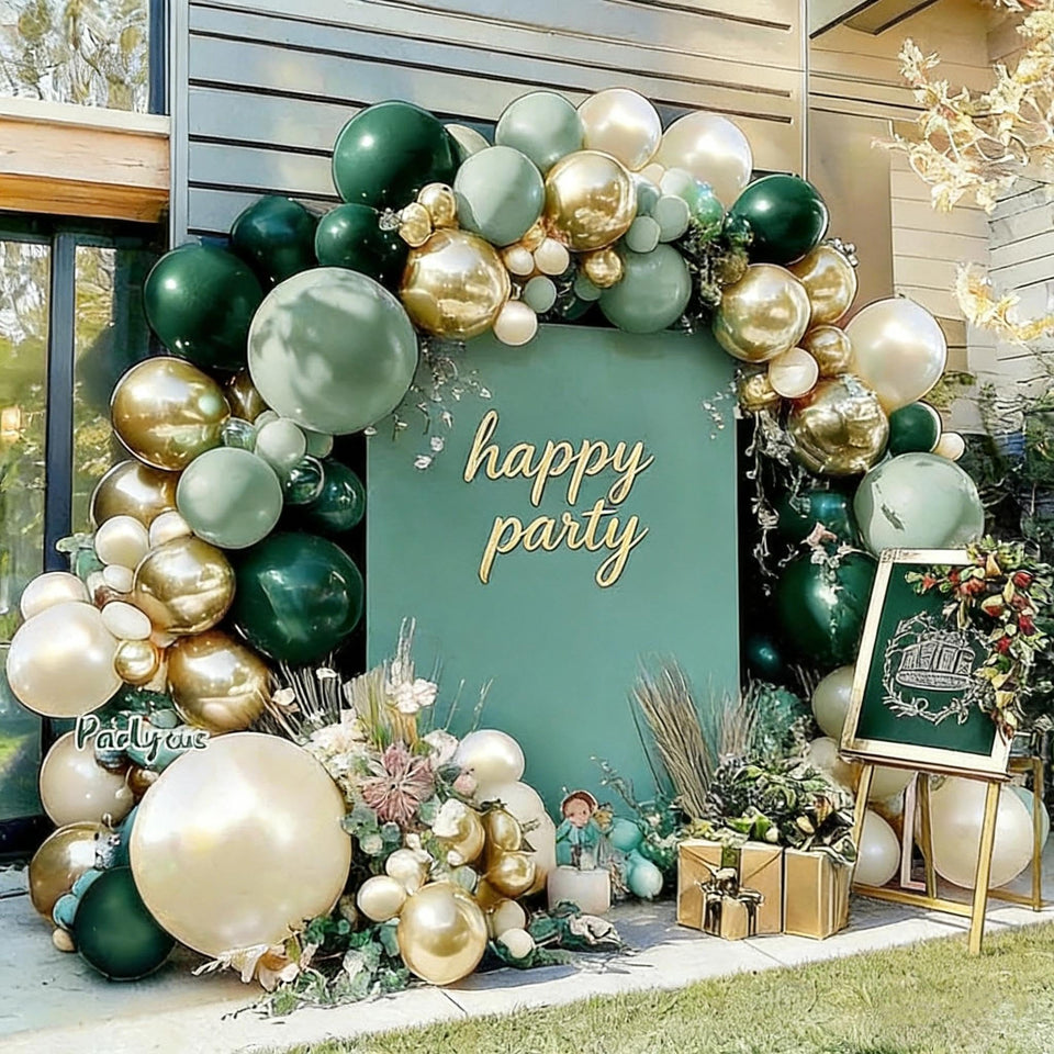 Partycus emerald-green-gold-balloon-arch-kit ideal for stylish celebrations.