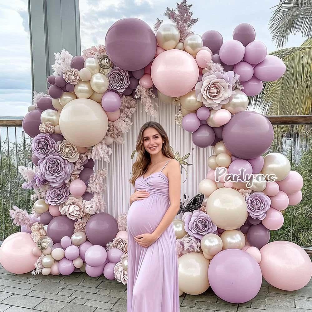 Partycus lavender balloon arch kit with 12-inch balloons creates a soft, inviting celebration backdrop.