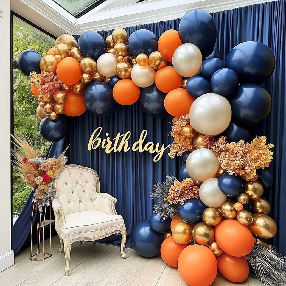 Partycus navy blue orange balloon arch kit assembled creates a dramatic event backdrop