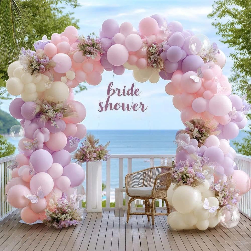 Partycus pastel balloon arch double stuffed lavender pink backdrop for baby showers.